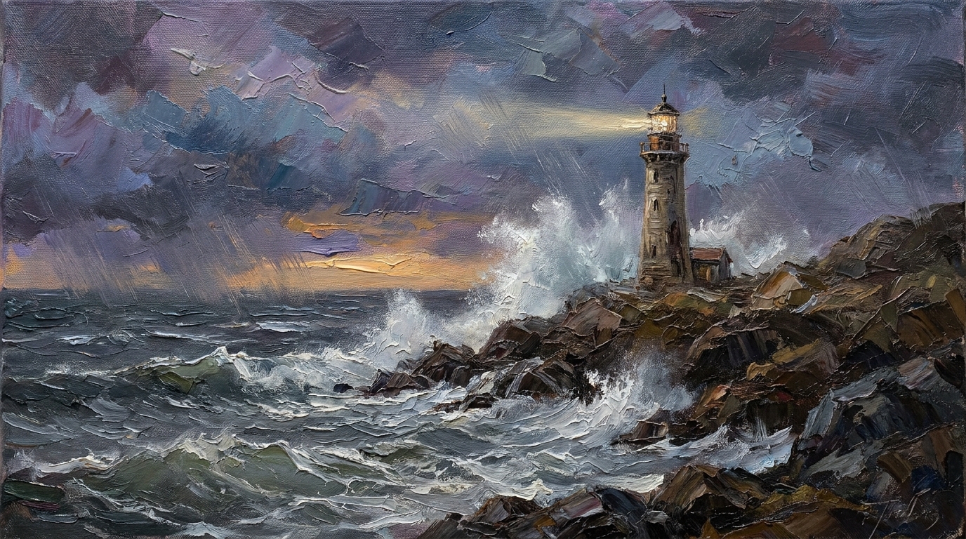 An oil painting of a lighthouse in a storm